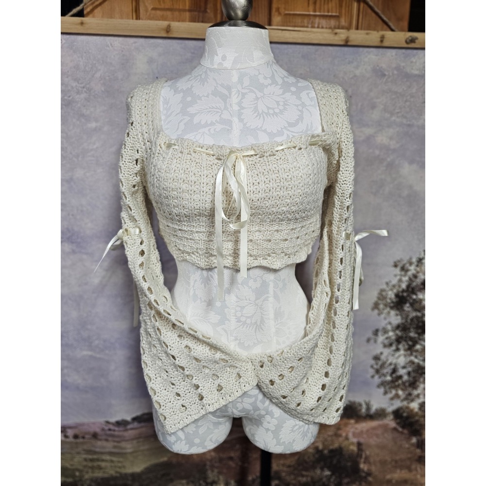 Kawaii Summer Crochet Solid Color Hollow Knit Cropped Sweater, School Sz 4 Small - Picture 6 of 13